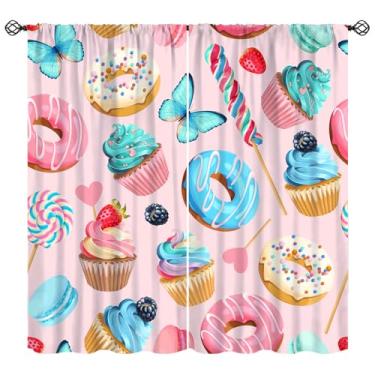 Imagem de KANEPE Cortinas Sweet Food, Cupcakes Donuts Blue Butterfly Pattern Window Treatments, Rod Pocket Thermal Insulated Drapes, 2 conjuntos de painéis para quarto, sala de estar, café, padaria, 106,7 cm L