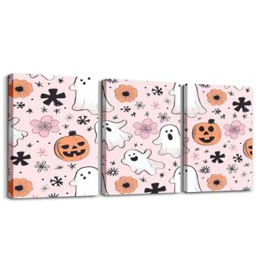 Imagem de jejeloiu Decoração de Halloween infantil arte de parede em tela para sala de estar quarto desenho animado fantasma decoração de parede para banheiro abóboras meninos meninas arte pôsteres assustador