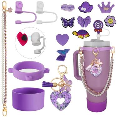 Imagem de DiamondArtZone Conjunto de acessórios de copo para copo Stanley de 850 g e 1,134 g, cordão de alça à prova de queda de garrafa de água, pingentes de bota Stanley Bow Straw Cover Topper, presente para