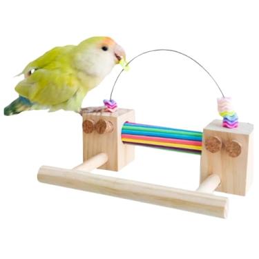 Imagem de Poleiro de pássaro de madeira com brinquedos de mastigar para gaiola, poleiro de papagaio em pé com madeira de pinheiro, brinquedo de forrageamento, rolhas macias e palitos de mastigar para papagaio