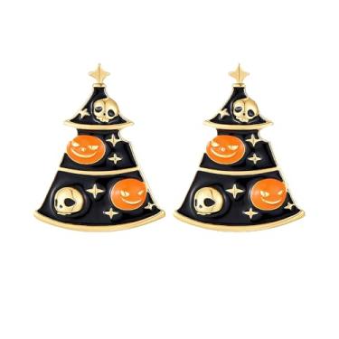 Imagem de Brincos de pingente de caveira de abóbora criativos para mulheres, banhado a ouro, laranja, preto, esmaltado, árvore de Natal, berloques de declaração de Halloween, pingente de gota, brinco engraçado