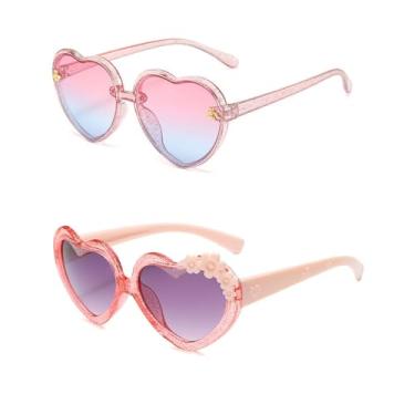 Imagem de OZPYKAE Óculos de sol com flor de coração para meninas, óculos bonitos em forma de coração, proteção UV 400, óculos de sol para uso ao ar livre para meninas e meninos, Rosa + rosa transparente, One