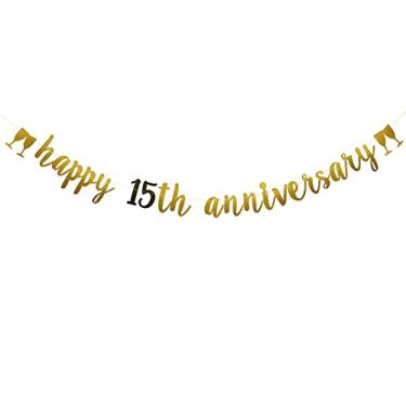 Imagem de Faixa de feliz aniversário de 15 anos, pré-amarrada, suprimentos de decorações de festa de 15º aniversário, cenários de guirlandas de papel com glitter dourado, letras douradas Betteryanzi