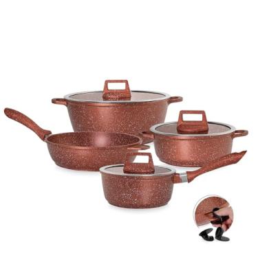 Imagem de MODA DO CHEF Jogo de Panelas Antiaderrnte 4 Peças Graniflon Cobre com Frigideira Caçarolas e Panela Antiaderente Premium, tampa de vidro Leve Fácil de Limpar Ideal para o Dia a Dia