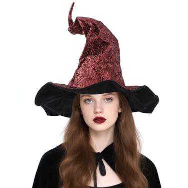 Imagem de RENEMEGO Chapéu de bruxa de Halloween para mulheres, chapéu de bruxa franzido, fantasia de Halloween, baile de máscaras, acessórios de carnaval renascentista, Vermelho, 58cm (inner circumference