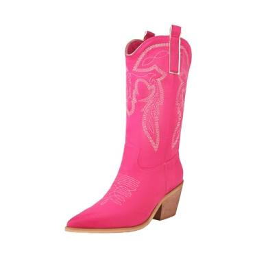 Imagem de Reitoye Botas femininas de caubói ocidentais bordadas, cano médio, salto grosso, com abas de puxar, bota clássica de cowgirl, Vermelho rosa, 9.5