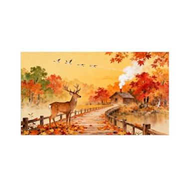 Imagem de Quadro arte parede outono-Veado ponte árvore Impressões em tela paisagens-Pintura animais para sala estar decoração fazenda 70x125cm Sem Moldura