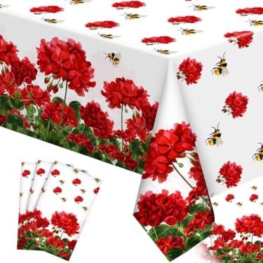 Imagem de Buryeah 4 peças de toalha de mesa descartáveis de gerânio primavera verão tapetes de mesa vermelho floral flores abelhas centro de mesa corredor enfeite de mesa tapete decoração para festa na cozinha