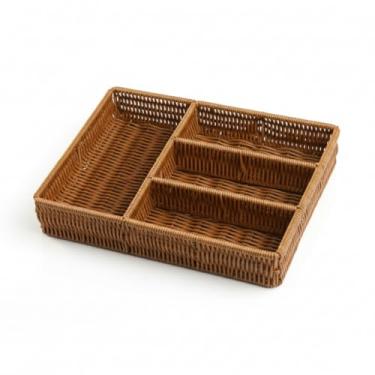 Imagem de Organizador de Talheres com 4 Compartimentos, Plástico Trançado Marrom Claro, 36x25x6cm, Design Rústico para Cozinha e Escritório