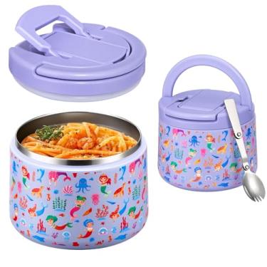 Imagem de Lancheira térmica de sopa para crianças de 400 ml com tampa de fivela de boca larga, pote de comida quente, isolamento a vácuo, aço inoxidável, à prova de vazamento, com colher (roxo sereia)