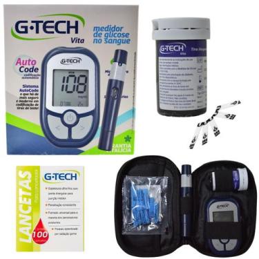 Imagem de Kit Medidor Glicose Gtech 10 Tiras Fitas 100 Lancetas
