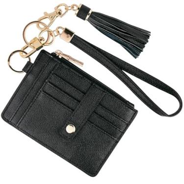 Imagem de Carteira feminina pequena com porta-cartões de crédito, RFID, porta-chaves, carteira de pulso para mulheres, Preto, Slim