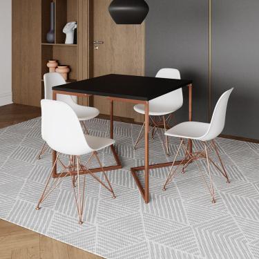 Imagem de Mesa Jantar Industrial Quadrada 90Cm Preta Base Cobre V Com 4 Cadeiras Brancas Eames Eiffel Pés Cobr