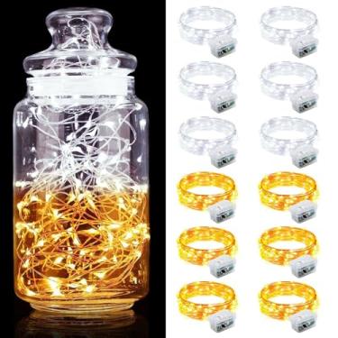 Imagem de Aogist Pacote com 12 luzes de fada, 3 modos, 20 LEDs, à prova d'água, fio de prata, vaga-lume, lua estrelada, mini cordão de luzes para potes de pedreiro, Natal, artesanato, festa, quarto, branco frio
