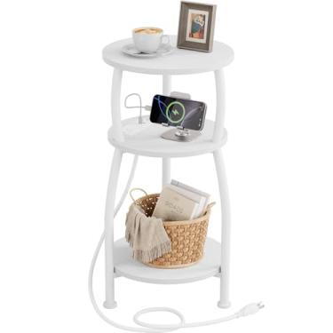 Imagem de Yuede Mesa lateral redonda com tomada elétrica e portas USB, mesa de canto de 3 camadas com prateleira de armazenamento, mesa de cabeceira rústica moderna, mesa de destaque de espaços pequenos para