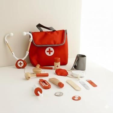 Imagem de Kit Médico Infantil Montessori, Brinquedo Educativo em Madeira com Maleta Vermelha, Conjunto de Brinquedos com Acessórios Médicos para Crianças