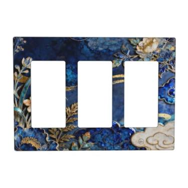 Imagem de WUYOCHA Capas de tomada decorativas, flor azul e branca, linha dourada, nuvem, 3 gangs, placa de cobertura para interruptor de luz triplo para tomadas elétricas, capas de placa de interruptor para