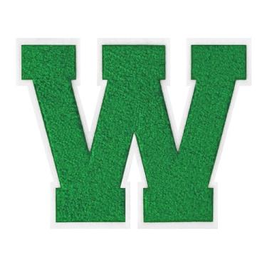 Imagem de 1 Patch de letra de chenille verde de 15 cm com borda branca – adesivos do alfabeto para roupas, jaquetas, mochilas, chapéus para decoração personalizada, nome personalizado e artesanato. (W)