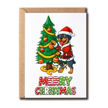 Imagem de AutusGifts Cartão de Natal Rottweiler - Saudação divertida de Natal - Papai Noel decora árvore - Presente festivo de Natal para familiares e amigos