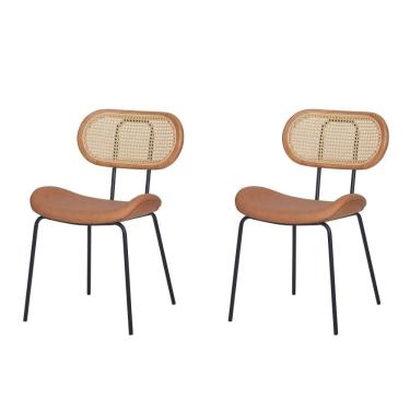 Imagem de Kit 2 Cadeiras Toscana Fratini Aço Preto Encosto Madeira Tela Rattan Sintética Assento Pu Caramelo