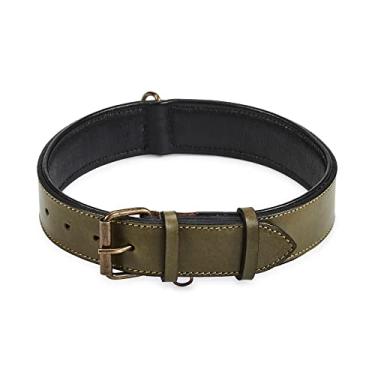 Imagem de Coleira de cachorro de couro real acolchoada interior macio com visual vintage premium feito à mão com anel de etiqueta para animais de estimação pequenos médios e grandes (GG (4,45 cm de largura para 50,8 cm - 60,96 cm, oliva)