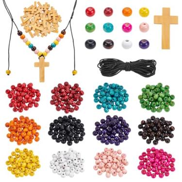 Imagem de UNICRAFTALE Kit de artesanato de colar de cruz de madeira DIY religioso outono contas de madeira kit de artesanato para decoração de outono de Ação de Graças DIY Escola Dominical (cerca de 40 peças