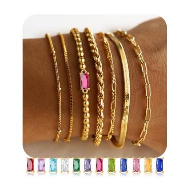 Imagem de M MOOHAM Pulseiras de pedra do mês de nascimento de ouro não manchadas para mulheres - Pulseiras delicadas banhadas a ouro real 14K com contas de corda e clipe de papel, pulseira empilhável, amizade
