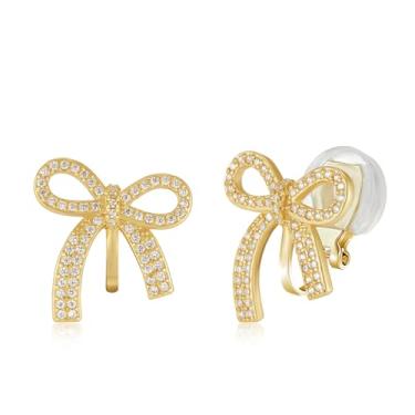 Imagem de YOQUCOL Brincos de pressão de laço bonitos banhados a ouro para mulheres brincos de cristal de zircão não perfurados joias - 02