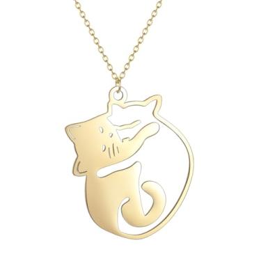 Imagem de JczR.Y Colar de dois abraços, ouro, prata, aço inoxidável, abraçando, pingente, colar, para mulheres, desenhos animados, gatinhos, gatos, para amantes, joias minimalistas, presentes 40 + 4 cm, Aço
