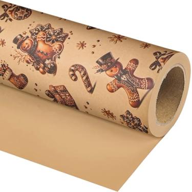 Imagem de Dtiafu Rolo de papel de embrulho de Natal Kraft preto design de pão de gengibre vintage embrulho de presente de Natal para celebração de festa de férias de inverno - total 28,5 m²