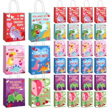 Imagem de Epakh 24 peças de sacos de presente de Dia dos Namorados Dinossauro Guloseimas Sacos de papel com alças para embrulho de presentes de Dia dos Namorados Dino artigos de festa de aniversário decorações