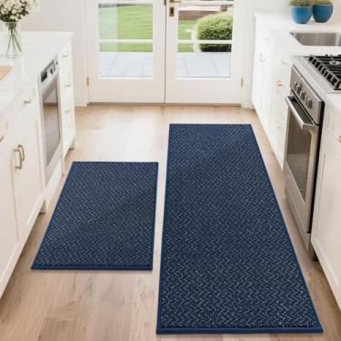 Imagem de COSY HOMEER Tapetes de cozinha antiderrapantes laváveis 61 cm x 91 cm + 61 cm x 152 cm tapetes de cozinha absorventes para piso resistente a manchas conjunto de 2 tapetes de cozinha para pia, azul