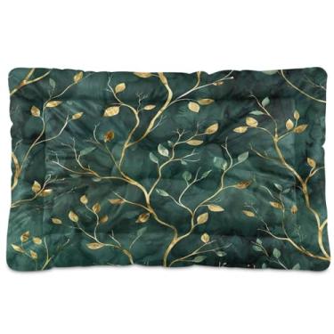 Imagem de Wassud Cama de cachorro com folhas verdes douradas para cães pequenos, tapete lavável para animais de estimação, cama de gato para dormir, viagens, 45 x 61 cm