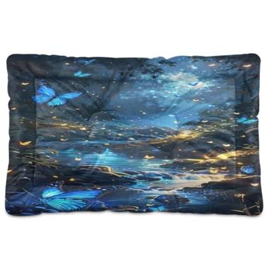 Imagem de Wassud Cama de cachorro com borboletas azuis brilhantes para cães pequenos, tapete lavável para animais de estimação, cama de gato para dormir, viagens, 45 x 61 cm