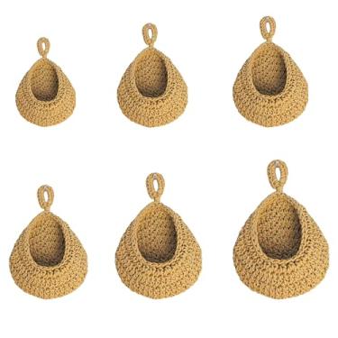 Imagem de Pacote com 6 cestos pendurados em corda de algodão natural, montados à mão, pendurar na parede, frutas, vegetais, vasos de plantas, sala de estar, cozinha, decoração boho, sacos de armazenamento (6