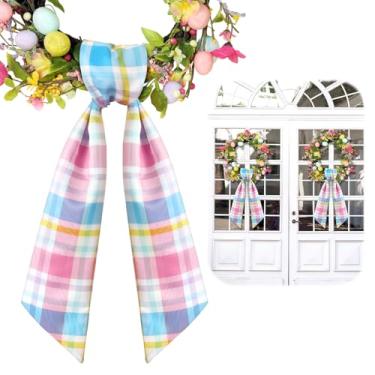 Imagem de Jeere 2 peças de guirlanda de cetim faixa de feriado para porta da frente, quintal, decoração de festa interna e externa, 142 cm C x 11,4 cm L (rosa e azul, Páscoa)