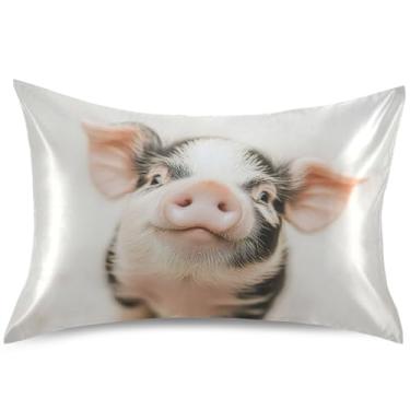 Imagem de Cute Pig Close Up Capas de almofada de cetim para cabelo King Queen Capa de almofada padrão arte colorida refrescante quarto estética, tamanho king, 101,6 cm x 50,8 cm