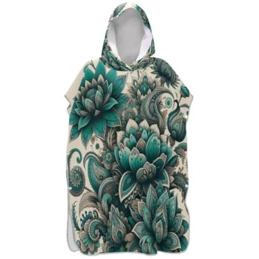 Imagem de Joisal Poncho de surfe plus size para adultos trocador de roupas de banho de praia com capuz azul-petróleo boho floral Paisley flores poncho masculino com capuz