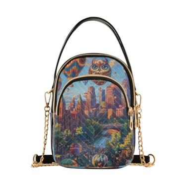 Imagem de Joisal Bolsa tiracolo feminina fofa pinguim com olhos grandes, bolsa pequena bolsa de ombro moderna, Paisagem urbana com balões de ar quente, 15*21*8cm