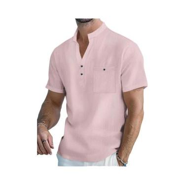 Imagem de Camisa Masculina De Algodão E Linho De Manga Curta Com Gola Alta E Pla