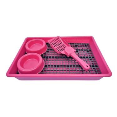Imagem de Bandeja Sanitária para Coelhos e Porquinho-da-Índia com Grade Plástica Kit Banheiro Higiênico para Roedores(Rosa)