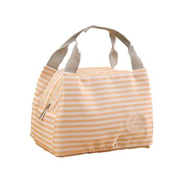 Imagem de Bento Boxes Lancheira Isolada Fria Piquenique Bolsa Térmica Portátil Lancheira Bolsa Bento Recipiente Sacos de Armazenamento de Alimentos (Cor: Ponta Marinha) (Listras Laranjas)