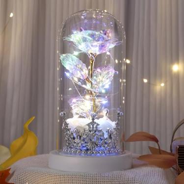 Imagem de Strackvial Dia dos Namorados para mulheres, rosa eterna iluminada com coroa de prata, rosas brancas artificiais de LED na base branca, presente de aniversário para mãe, esposa, namorada (branca)