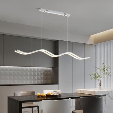 Imagem de Luminária pendente moderna com LED em formato de onda, dimerizável, com controle remoto e função de memória. Altura ajustável, ideal para sala de estar e sala de jantar (branca, 120 cm de co