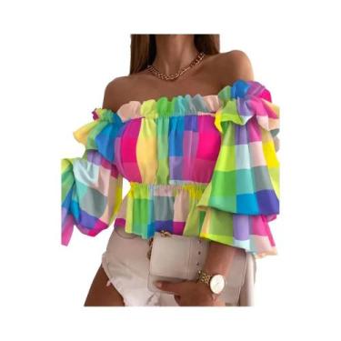 Imagem de Blusa Feminina De Primavera Verão Com Estampa E Ombros Descidos, Manga