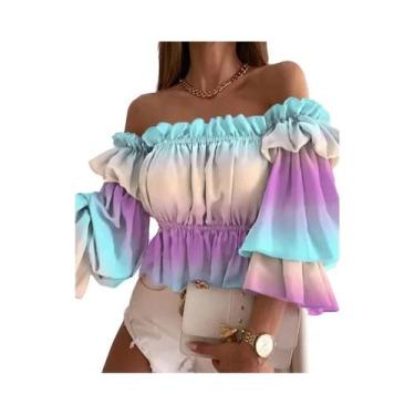 Imagem de Blusa Feminina De Primavera Verão Com Estampa E Ombros Descidos, Manga