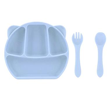 Imagem de CUOFYUNL Prato para bebê de silicone dividido com 3 compartimentos Tigela para crianças com garfo e colher para jantar (Azul)