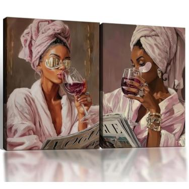 Imagem de 2 peças emolduradas mulher afro-americana arte de parede elegante banheiro feminino impressão de pôster decoração de casa pintura adequada para sala de estar, quarto, banheiro, galeria, 30,5 x 40,64