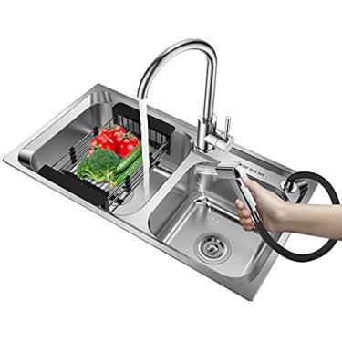 Imagem de HHHJQFAAT Conjunto de pia de aço inoxidável 304 montado na parte superior da tigela dupla com torneira e acessórios