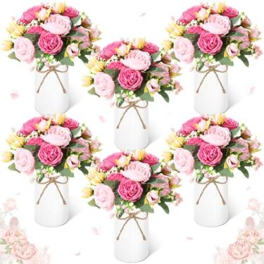 Imagem de Domensi 6 conjuntos de peças de centro florais de casamento para decoração de mesa, buquê de flores de seda de peônias artificiais com espuma de flores e vaso de metal, arranjo floral falso para chá